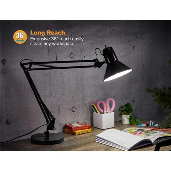 Swing Arm Desk Lamp, Metal, 36" Reach with Multi-Joint Adjustment,  LED Bulb - Picture 3 of 7